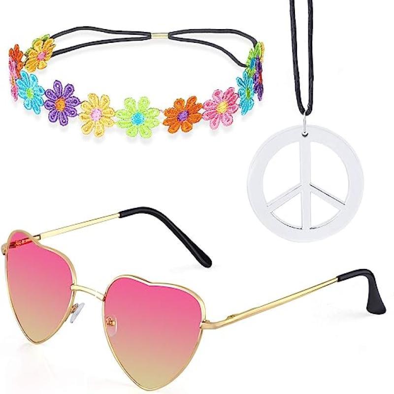 Hippie Costume Set - Circle Glasses, Peace Sign Necklace, Headbands