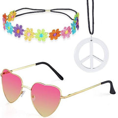 Hippie Costume Set - Circle Glasses, Peace Sign Necklace, Headbands