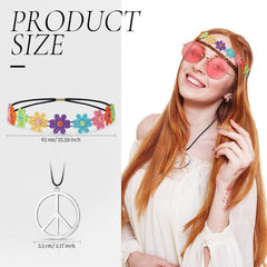 Hippie Costume Set - Circle Glasses, Peace Sign Necklace, Headbands