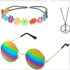 Hippie Costume Set - Circle Glasses, Peace Sign Necklace, Headbands