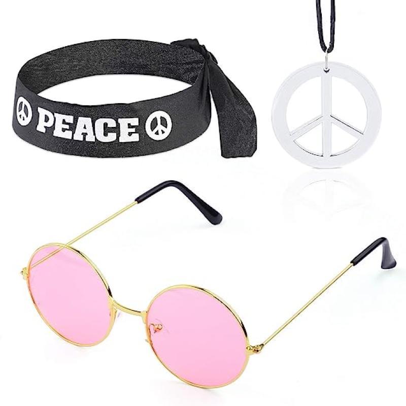 Hippie Costume Set - Circle Glasses, Peace Sign Necklace, Headbands