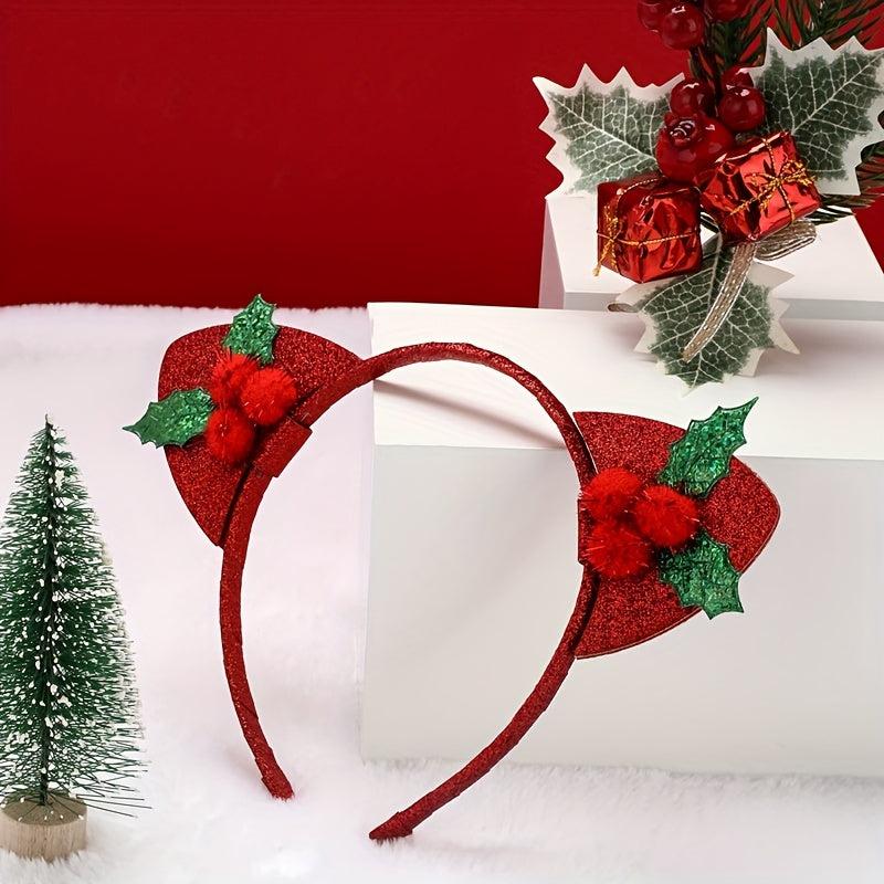 Christmas Red Headband Big Bow Cat Ears Holiday Jewelry Dress Up