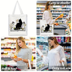 Cat Reading Pattern Canvas Tote Bag Women's Anime Shoulder Bag