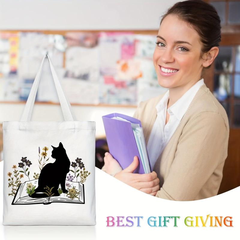 Cat Reading Pattern Canvas Tote Bag Women's Anime Shoulder Bag