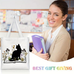 Cat Reading Pattern Canvas Tote Bag Women's Anime Shoulder Bag