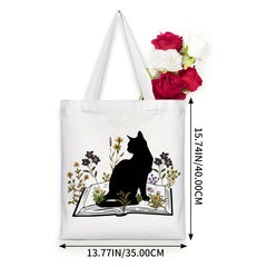 Cat Reading Pattern Canvas Tote Bag Women's Anime Shoulder Bag