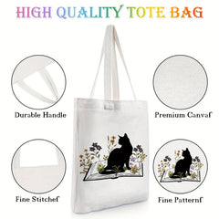 Cat Reading Pattern Canvas Tote Bag Women's Anime Shoulder Bag