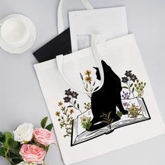 Cat Reading Pattern Canvas Tote Bag Women's Anime Shoulder Bag