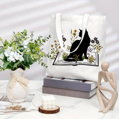 Cat Reading Pattern Canvas Tote Bag Women's Anime Shoulder Bag