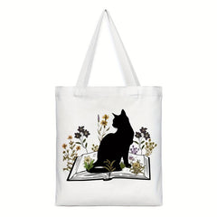 Cat Reading Pattern Canvas Tote Bag Women's Anime Shoulder Bag