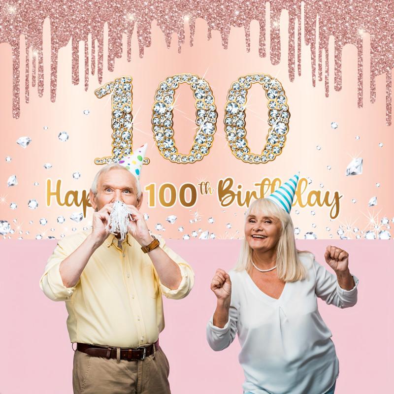 100th Birthday Rose Golden Party Backdrop Pink Banner 180x109