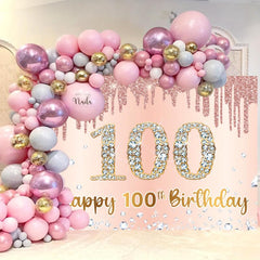 100th Birthday Rose Golden Party Backdrop Pink Banner 180x109