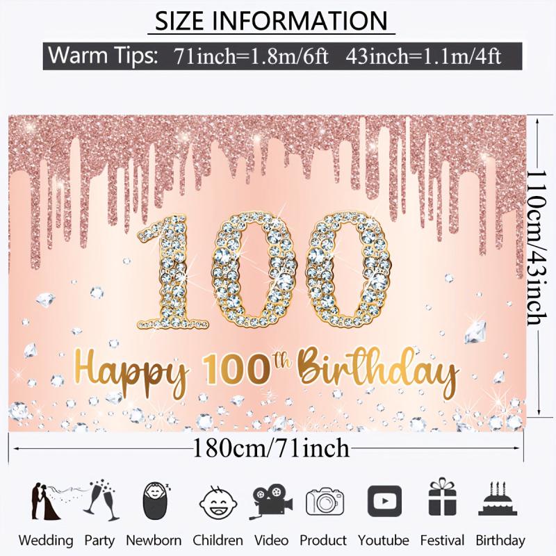 100th Birthday Rose Golden Party Backdrop Pink Banner 180x109