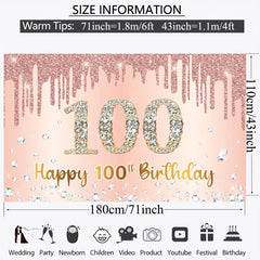 100th Birthday Rose Golden Party Backdrop Pink Banner 180x109