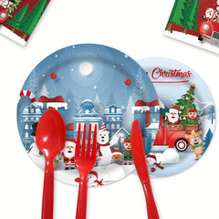 64pcs Christmas Snowman Tableware Set Disposable Paper Tray Cup Towe