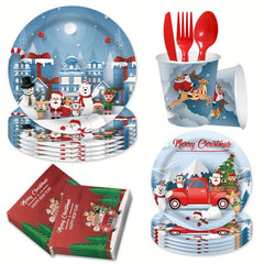 64pcs Christmas Snowman Tableware Set Disposable Paper Tray Cup Towe