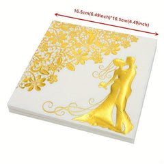 20pcs Wedding Napkins Cocktail Mr & Mrs Golden Bride And Groom Napk