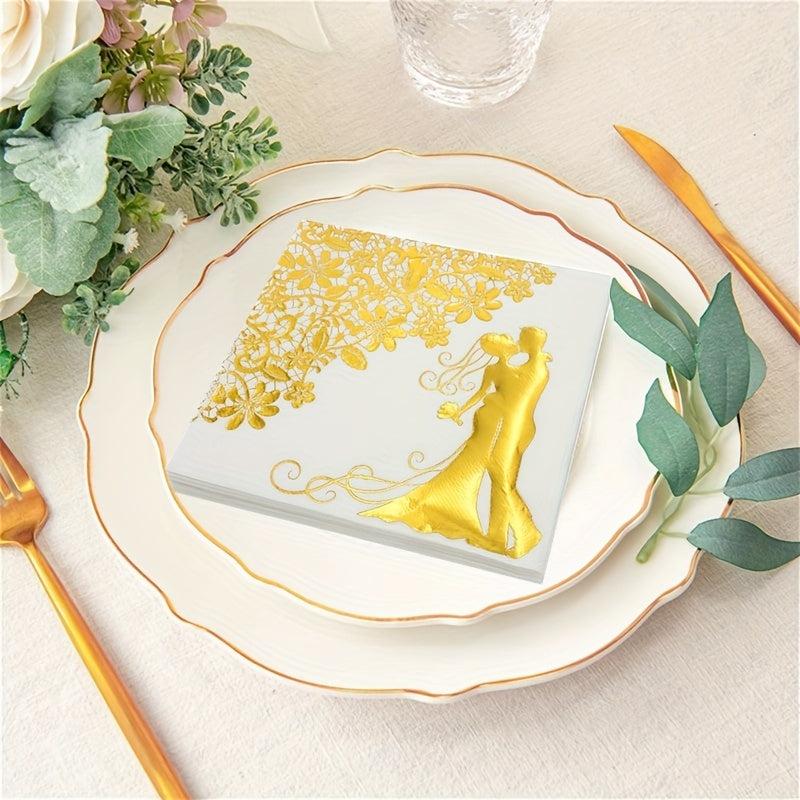 20pcs Wedding Napkins Cocktail Mr & Mrs Golden Bride And Groom Napk