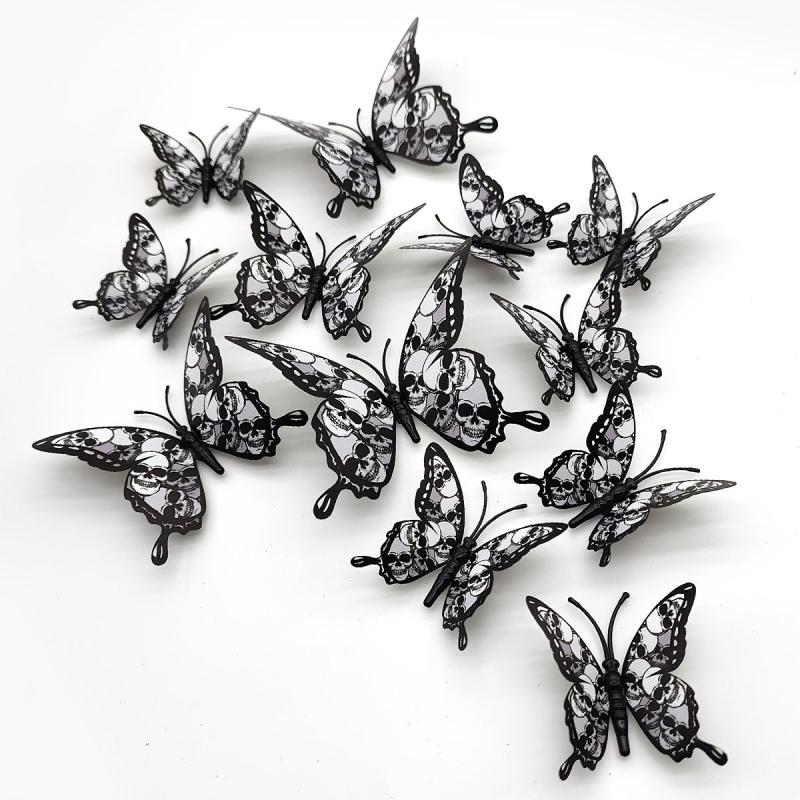 12pcs Halloween 3D Double Layer Stickers Butterfly Bat Skull Rose Wall Stickers