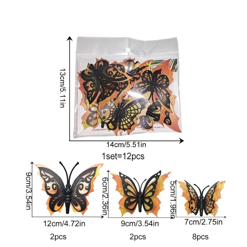 12pcs Halloween 3D Double Layer Stickers Butterfly Bat Skull Rose Wall Stickers