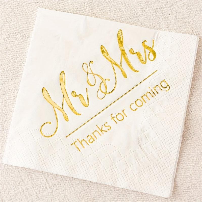 Disposable Mr & Mrs Wedding Napkins Set, Golden Foil Words