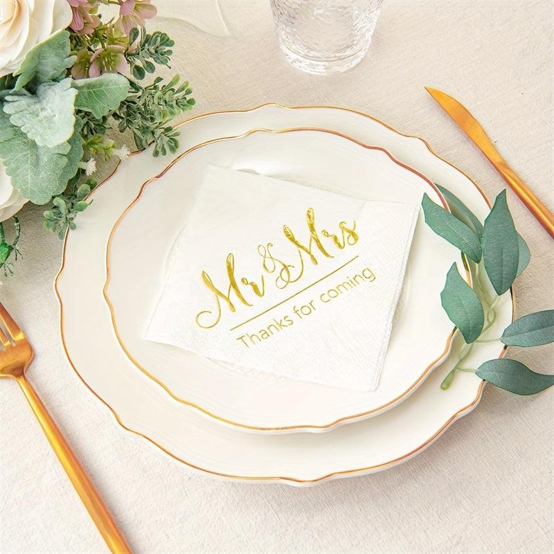 Disposable Mr & Mrs Wedding Napkins Set, Golden Foil Words