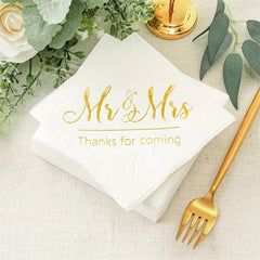 Disposable Mr & Mrs Wedding Napkins Set, Golden Foil Words