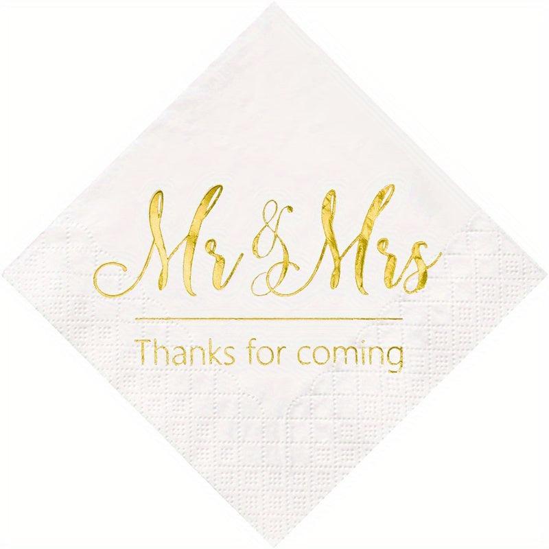 Disposable Mr & Mrs Wedding Napkins Set, Golden Foil Words