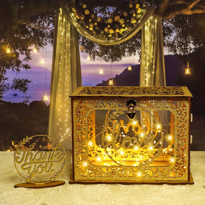 Golden Wedding Card Box with Clear Window and String Light