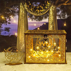 Golden Wedding Card Box with Clear Window and String Light