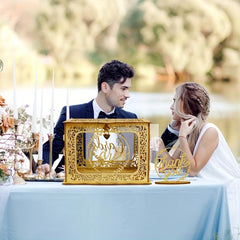 Golden Wedding Card Box with Clear Window and String Light