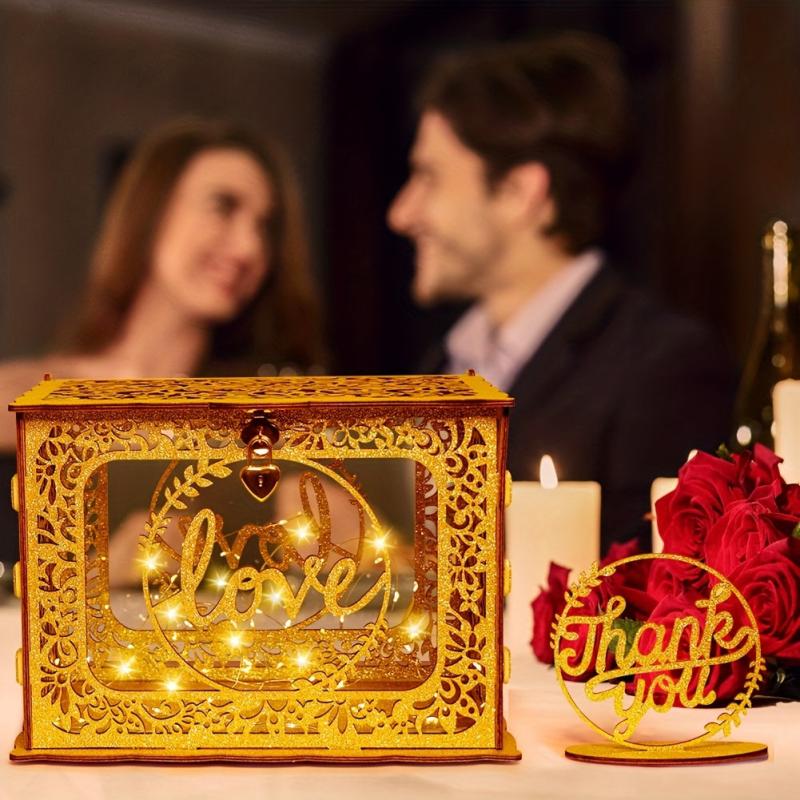 Golden Wedding Card Box with Clear Window and String Light