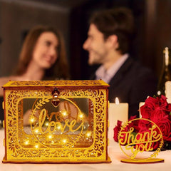 Golden Wedding Card Box with Clear Window and String Light