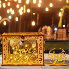Golden Wedding Card Box with Clear Window and String Light
