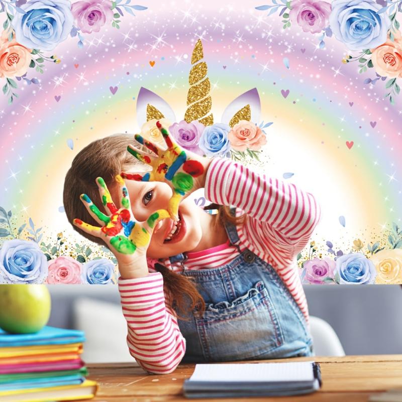 Rainbow Unicorn Birthday Backdrop With Glitter Flowers - 7x5ft