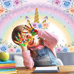Rainbow Unicorn Birthday Backdrop With Glitter Flowers - 7x5ft