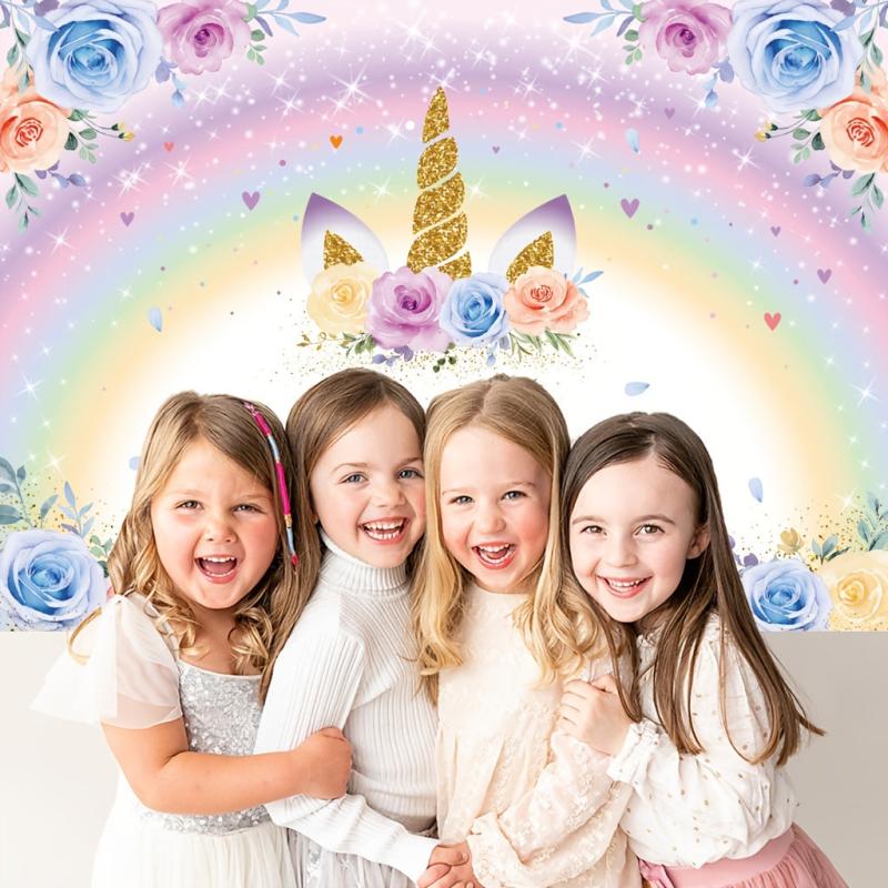 Rainbow Unicorn Birthday Backdrop With Glitter Flowers - 7x5ft