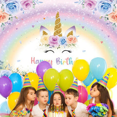 Rainbow Unicorn Birthday Backdrop With Glitter Flowers - 7x5ft