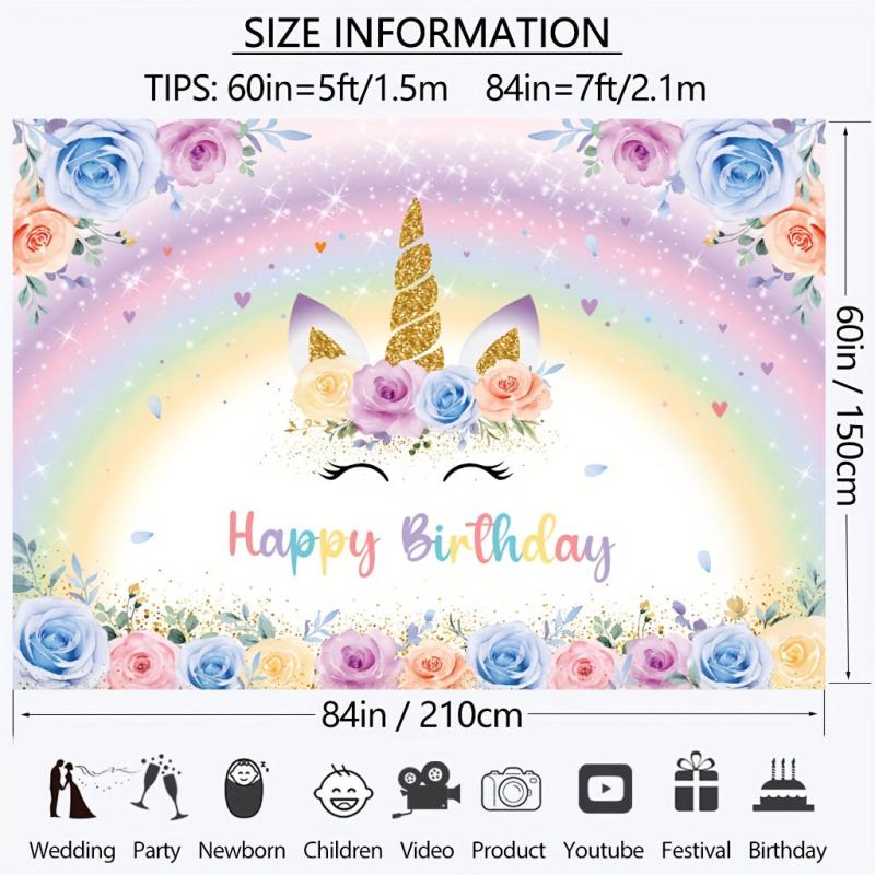 Rainbow Unicorn Birthday Backdrop With Glitter Flowers - 7x5ft