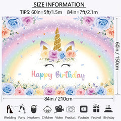 Rainbow Unicorn Birthday Backdrop With Glitter Flowers - 7x5ft