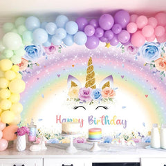 Rainbow Unicorn Birthday Backdrop With Glitter Flowers - 7x5ft