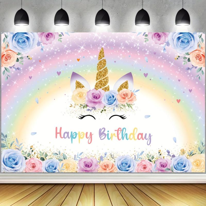 Rainbow Unicorn Birthday Backdrop With Glitter Flowers - 7x5ft