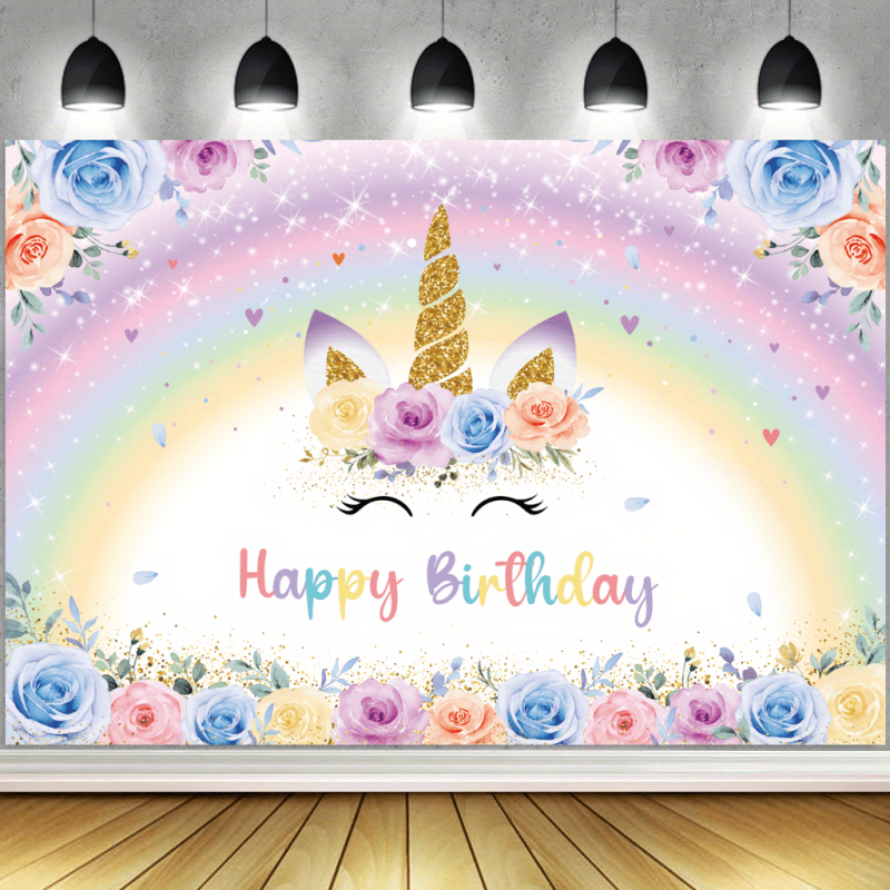 Rainbow Unicorn Birthday Backdrop With Glitter Flowers - 7x5ft