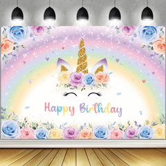 Rainbow Unicorn Birthday Backdrop With Glitter Flowers - 7x5ft