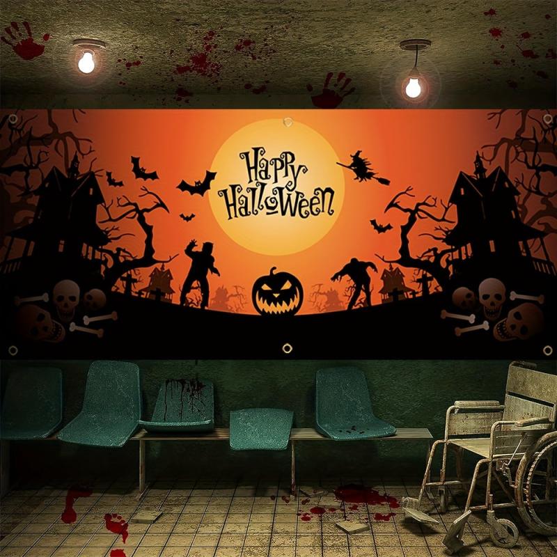 Happy Halloween Garage Banner Scary Skull Pumpkin Pattern