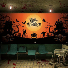 Happy Halloween Garage Banner Scary Skull Pumpkin Pattern