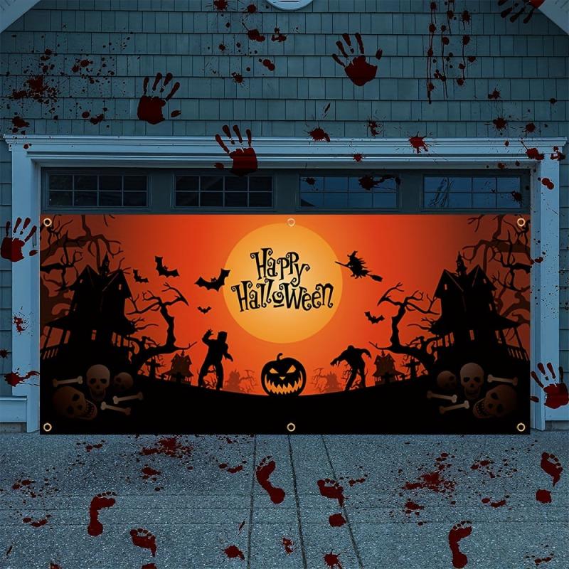 Happy Halloween Garage Banner Scary Skull Pumpkin Pattern