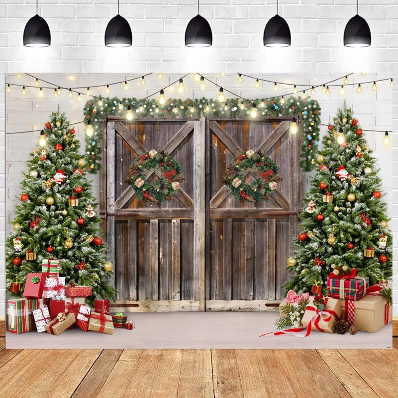 Winter Christmas Backdrop Xmas Photography Wood Door Christmas Party Decor