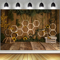 Boho Bee Sunflower Backdrop Rustic Branch Wooden Background Photography