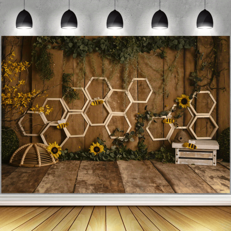 Boho Bee Sunflower Backdrop Rustic Branch Wooden Background Photography